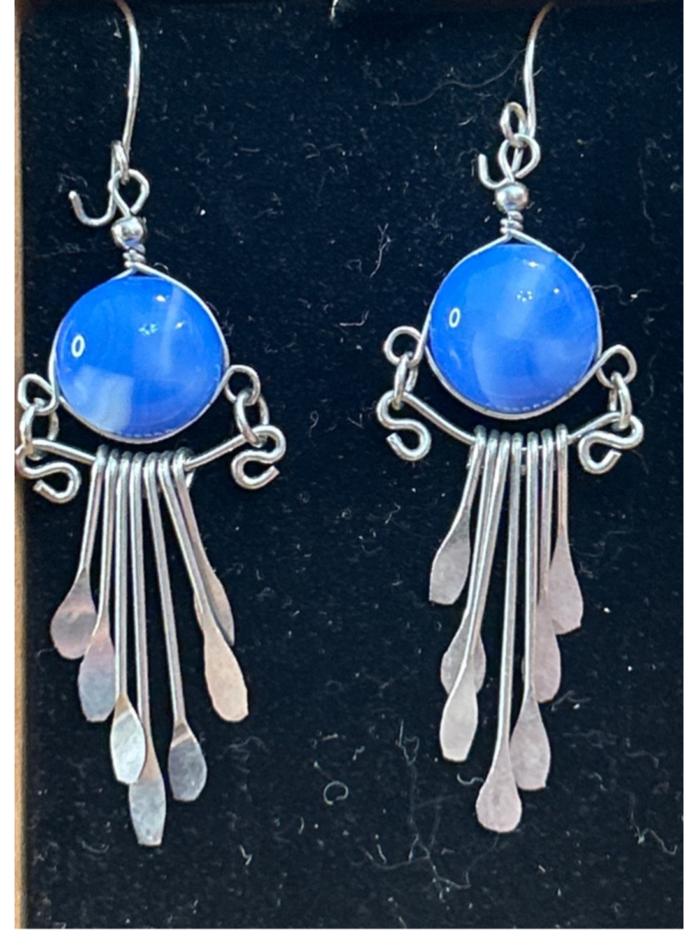 Women's artisan Earrings Blue glass Silver Dangle